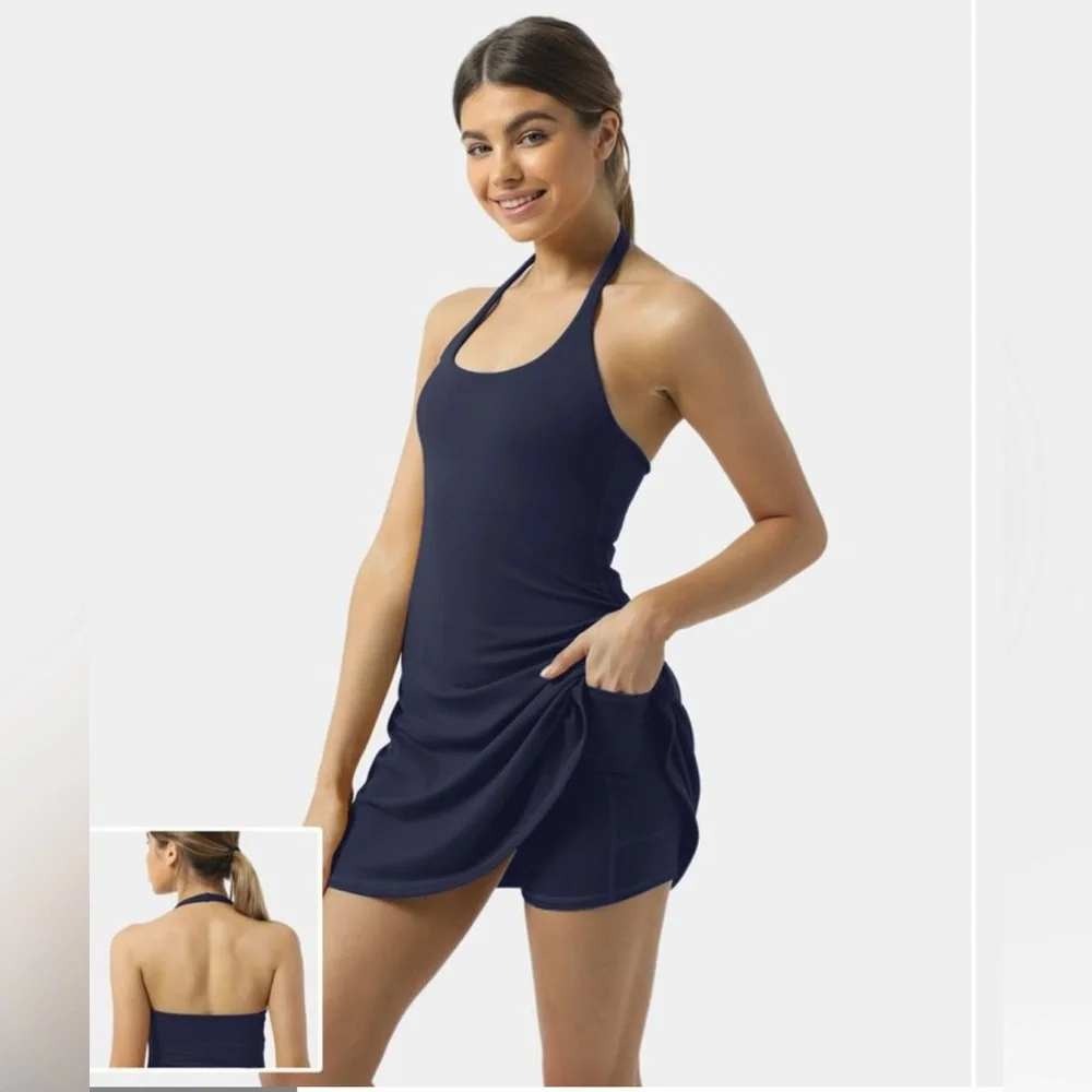 Halara Always in a Mood Halter Athletic Dress Dark Blue XS